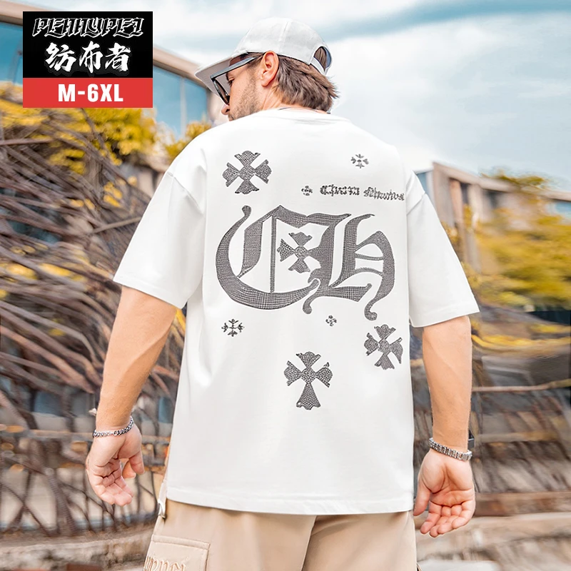 纺布者潮牌大码2025夏季宽松烫钻半袖男潮胖子加肥加大短袖t恤男