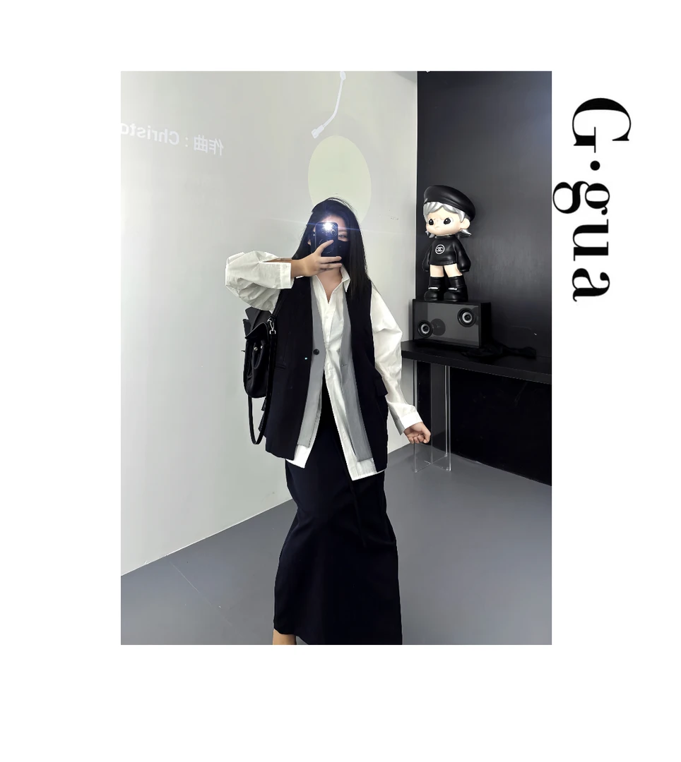 【张_Ggua】大码高级感拼色工艺设计西装马甲+秋季韩版松紧腰中长裙