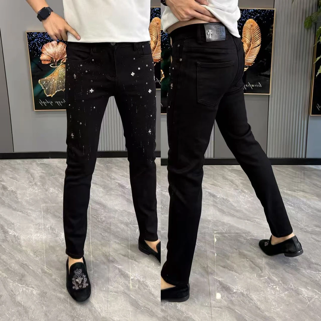 男裤潮流烫钻个性牛仔裤弹力黑色修身显瘦裤子男款爆款2025新款
