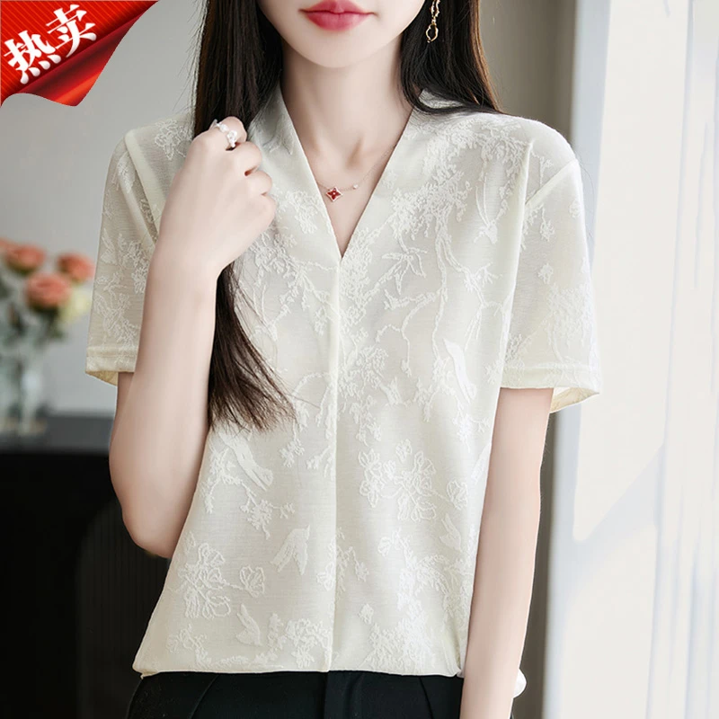 2025新款国风素雅提花V领短袖上衣复古百搭小衫女装夏季薄