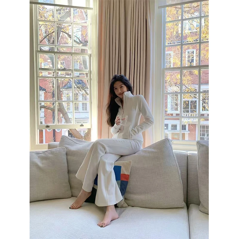 41093新款韩系简约百搭懒人穿搭立领长袖外套上衣高腰显瘦裤子