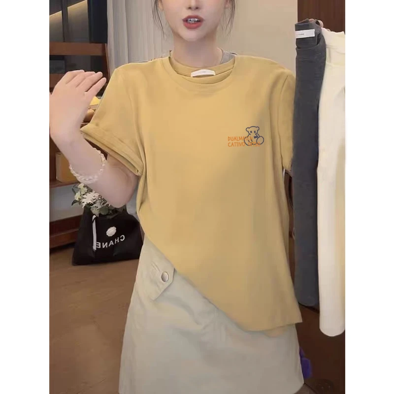 设计感小众正肩短袖t恤女2025新款流行时尚百搭洋气黄色上衣夏季