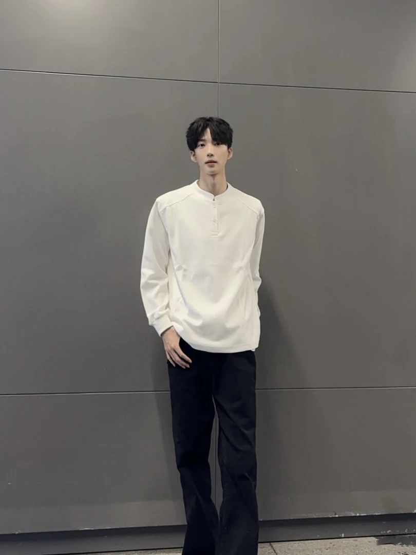 秋季长袖卫正肩亨利领纯色休闲宽松T恤男女同款-S460