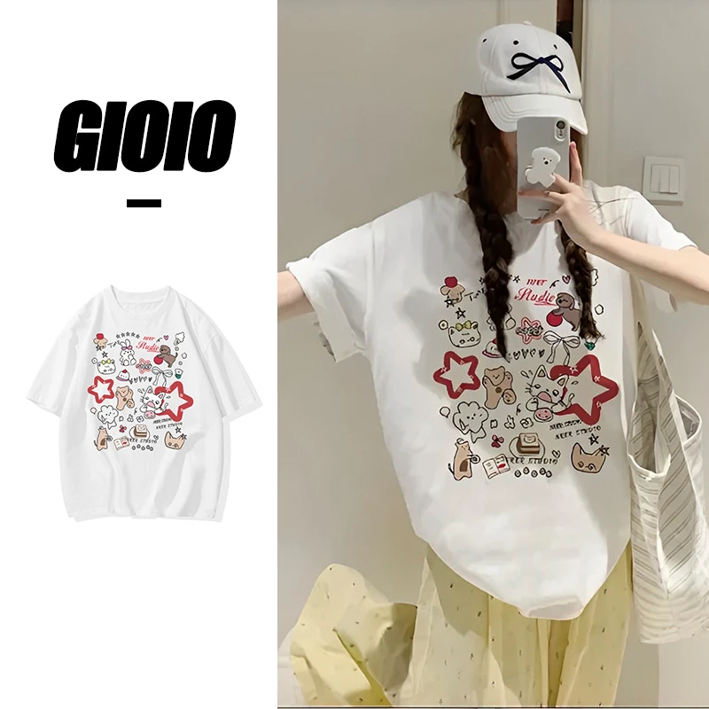 FNFE240克纯棉男女同款小熊港风夏季短袖t恤女韩版百搭潮ins美式