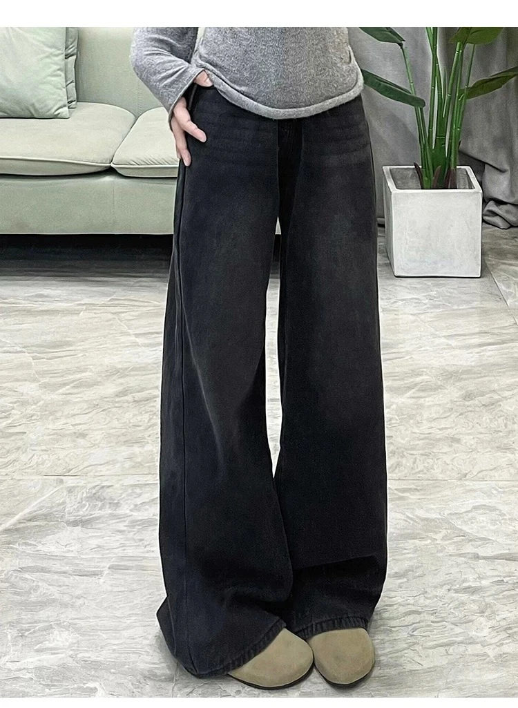 黑灰色牛仔裤女冬季加绒大码胖mm宽松显瘦梨形身材垂感阔腿裤