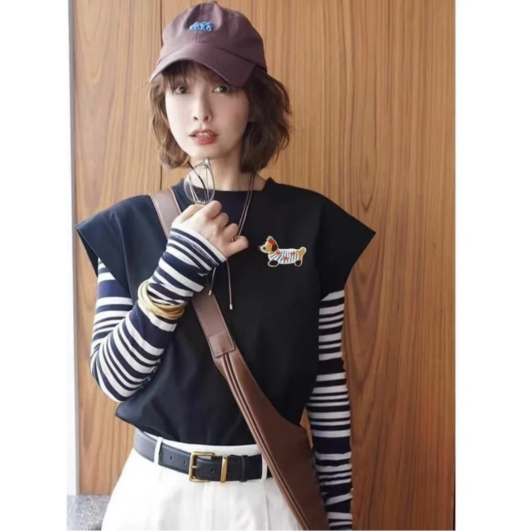 【腊肠小狗】吴昕同款时尚百搭设计感简约条纹两件套上衣.Y901