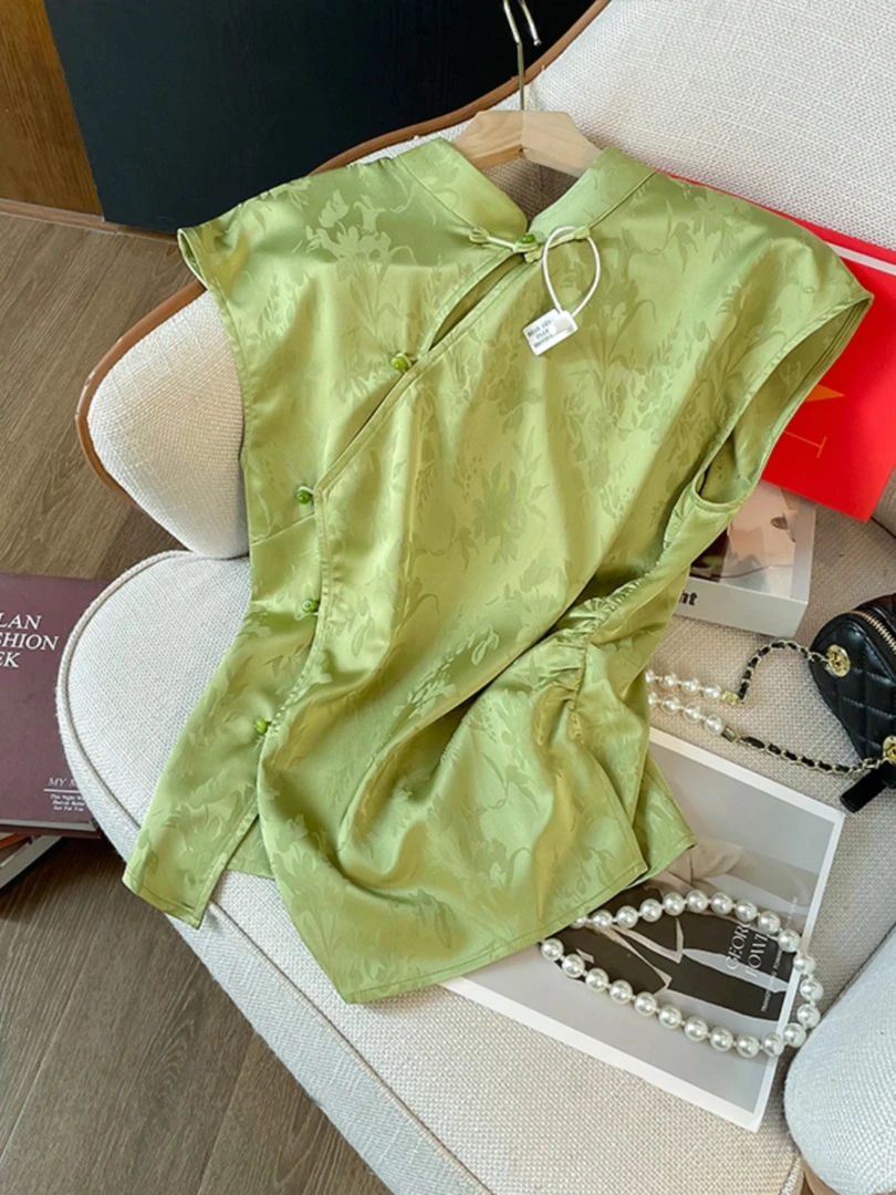 2025夏季新款新中式国风满印提花皱褶镂空立领修身旗袍领衬衫上衣