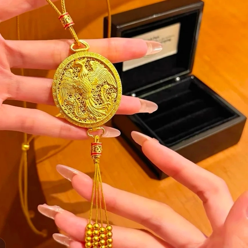 铜合金布艺项链 铜合金(金色国潮镂空花丝凤凰毛衣链)复古时尚
