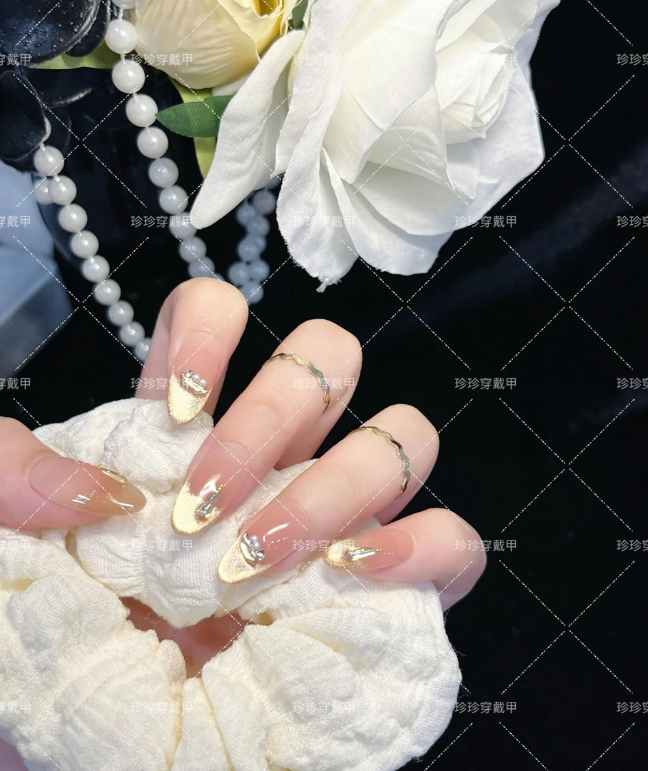 【小妖金】珍珍手工穿戴甲贵气千金风法式金猫眼镶钻可拆卸美甲贴片