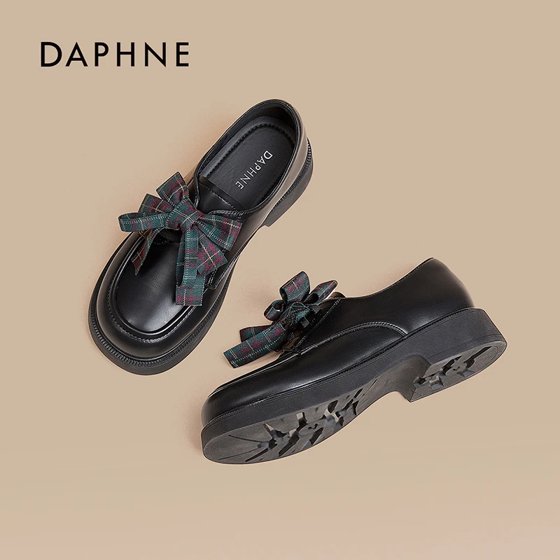 达芙妮新款厚底乐福鞋女款2025春季蝴蝶结单鞋一脚蹬英伦风小皮鞋