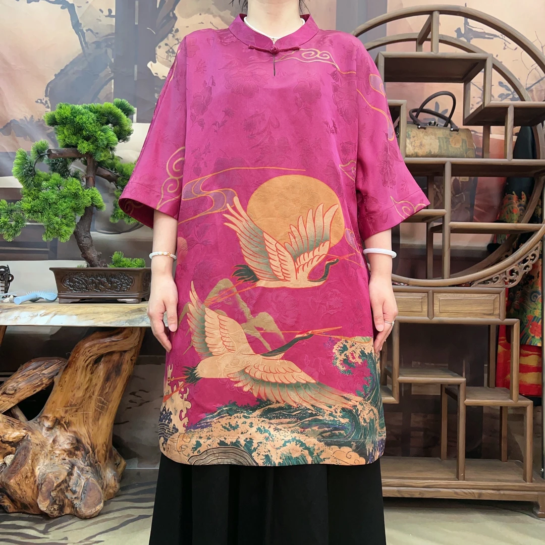 40姆米玫粉色海水江涯中长款富婆衫100桑蚕丝款香云纱