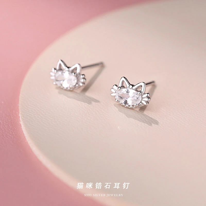 足银耳饰 999纯银猫咪锆石耳钉女简约甜美小巧耳骨钉养耳洞耳环女