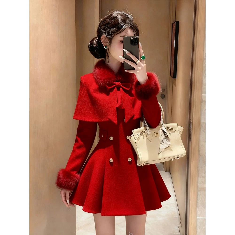 初冬甜美千金小姐小香风红色披肩斗篷外套收腰连衣裙气质两件套裙