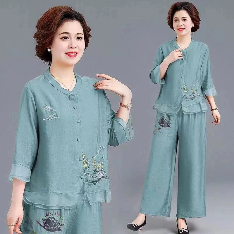 夏季刺绣宽松套装时尚洋气阔腿裤大码两件套中年中老年妈妈装上衣