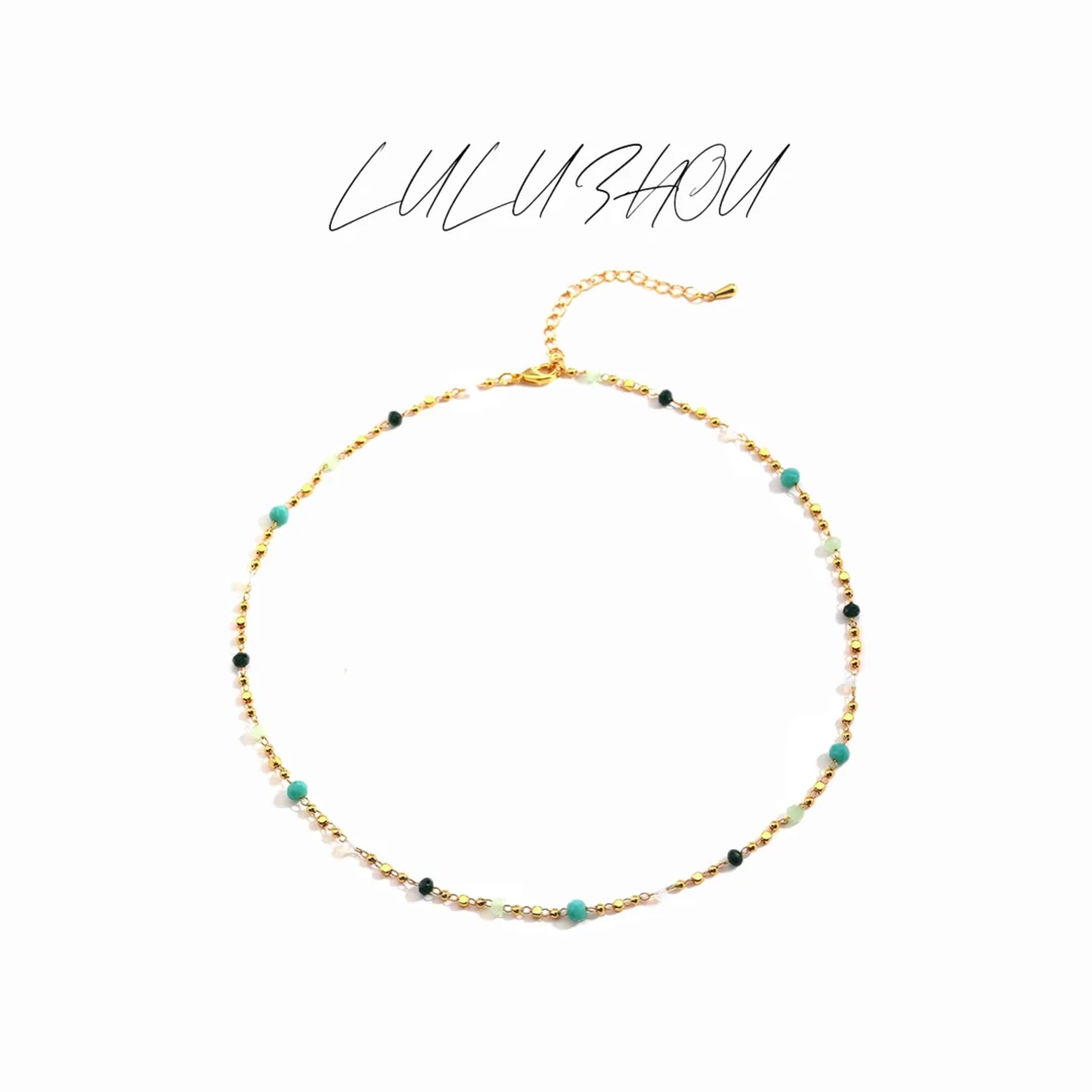 铜合金项链 镀K金-夏日多巴胺蓝绿串珠小彩豆锁骨项链LUXL250418