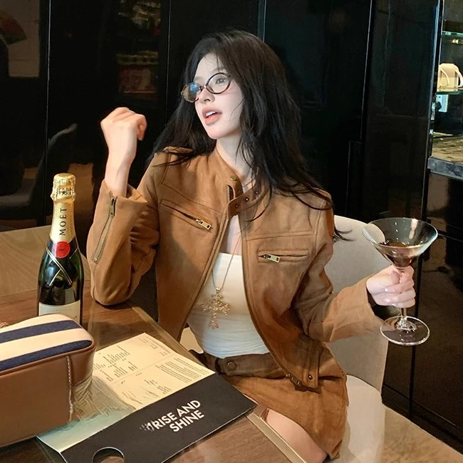 “miu系大小姐”棕色麂皮绒机车夹克复古美拉德风立领外套半身裙装