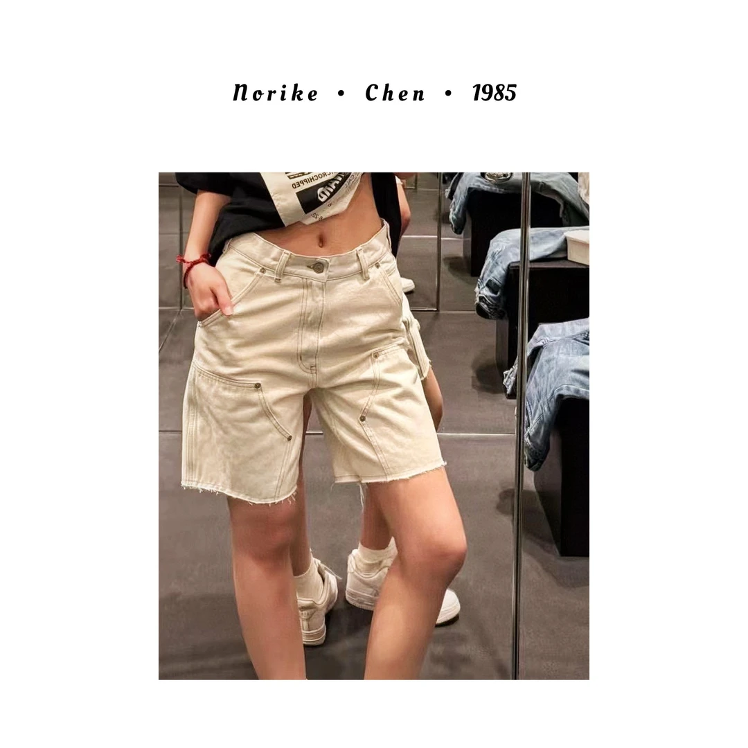 毛边牛仔短裤复古直筒宽松休闲五分裤NK56181