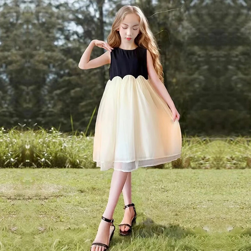 女童连衣裙夏装2025新款洋气小女孩网纱裙儿童拼接无袖公主裙子潮