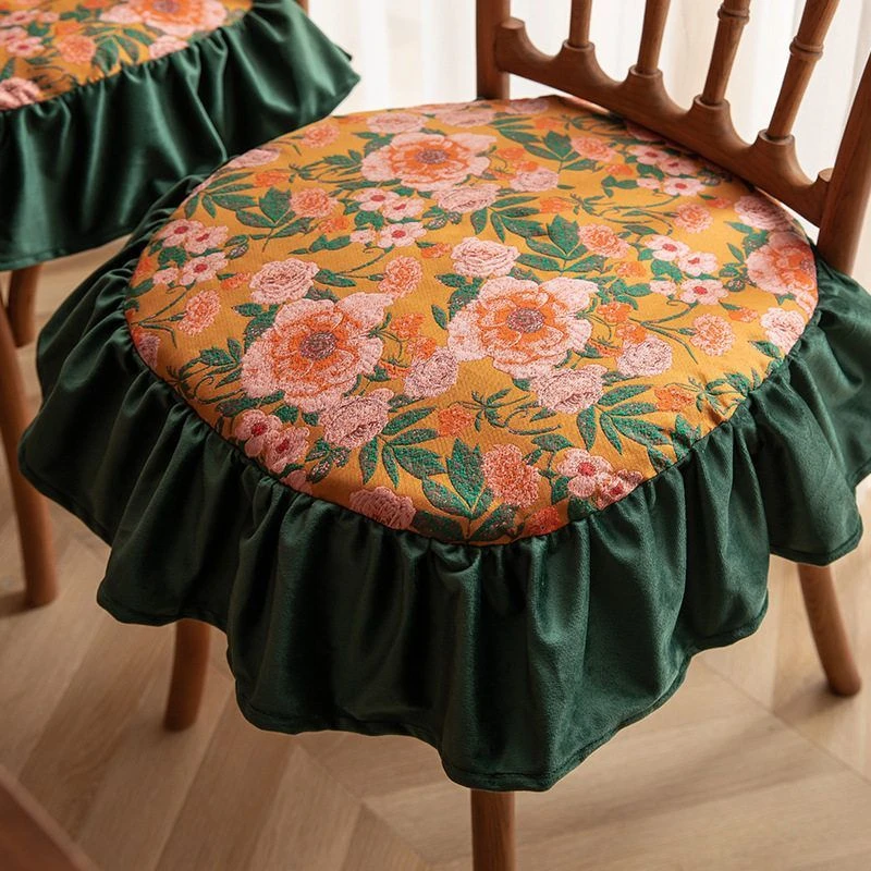田园风坐垫绑带家用复古碎花坐垫提花四季通用椅子垫荷叶边马蹄垫