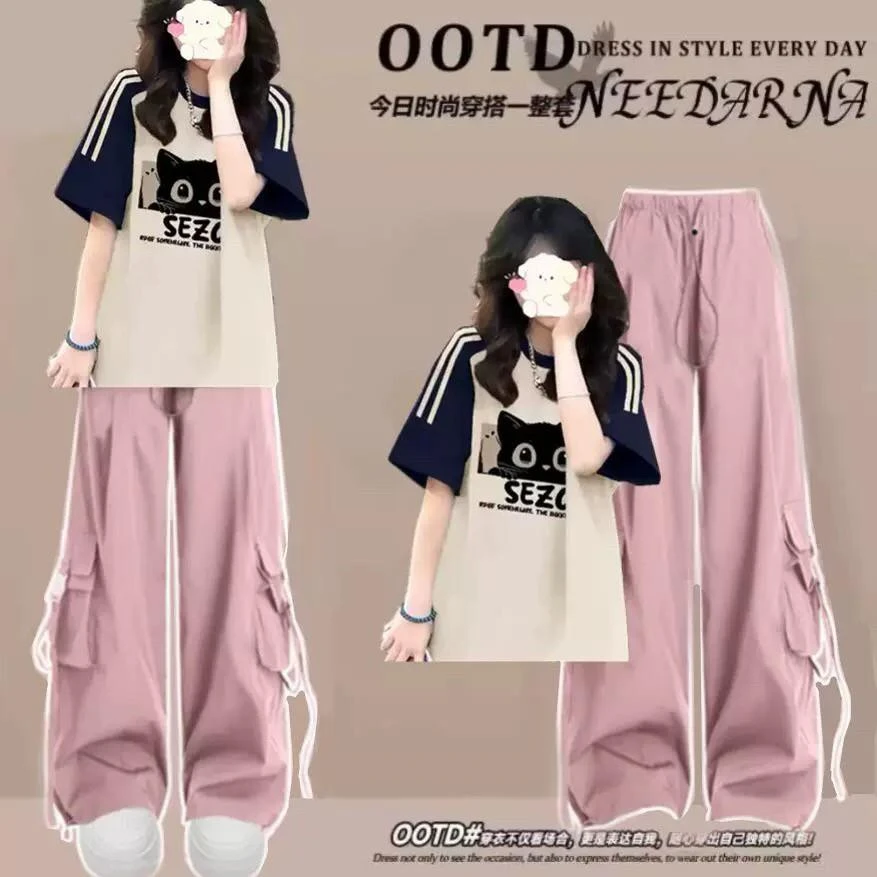 高中初中生一整套穿搭夏装少女短袖T恤+工装裤时尚服洋气两件套装