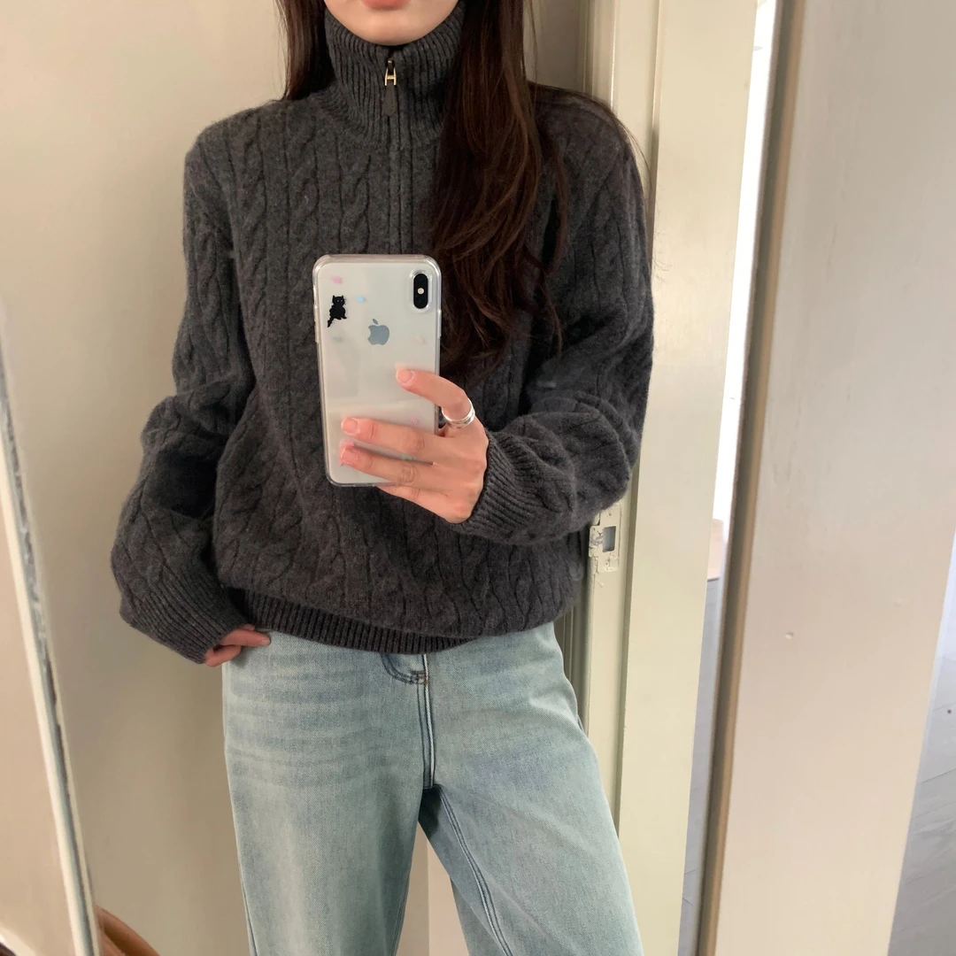 立领半拉链麻花毛衣女加厚针织外搭翻领上衣冬季