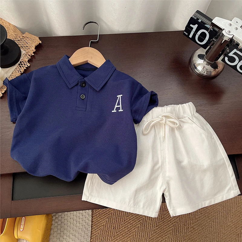 男童套装夏季2025韩版洋气潮流童装帅气纯色字母POLO衫韩系休闲裤