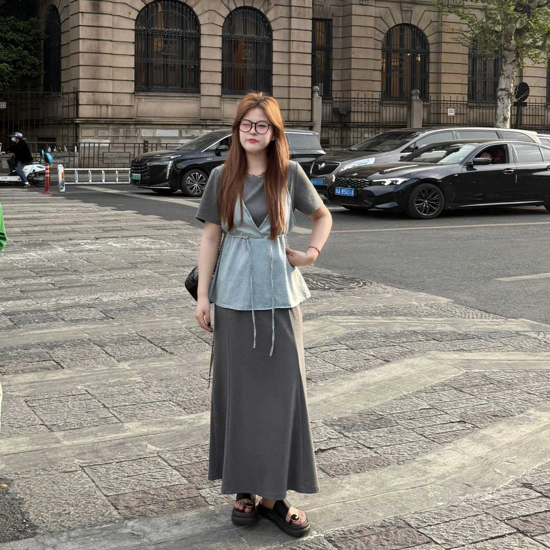 维维&南岛风大码女装撞色拼接假两件短袖胖mm显瘦半裙套装ZYY1636