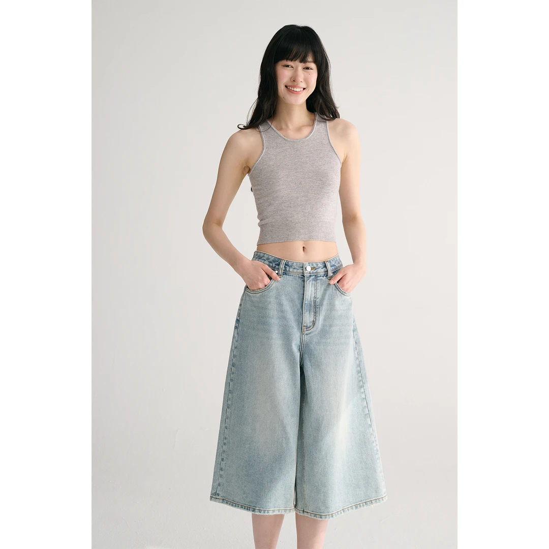 MAISON CECILE 夏日复古水洗高腰裁剪显瘦显比例七分阔腿牛仔裤