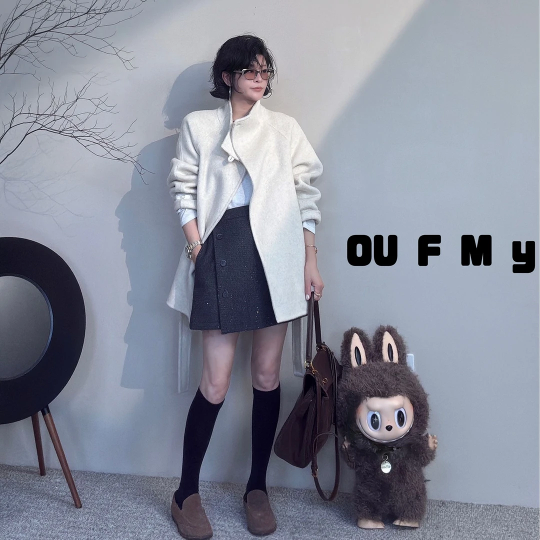 FY3618冬季新款气质时尚宽松百搭中长款立领系带羊毛大衣