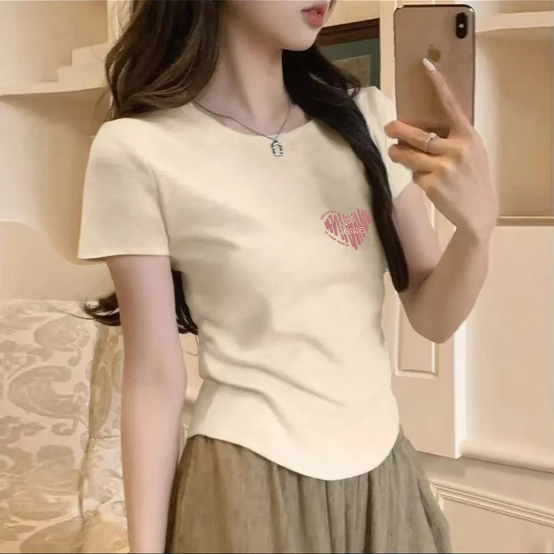 圆领正肩显瘦奶油色短袖女夏季纯欲不规则下摆t恤内搭短款上衣潮