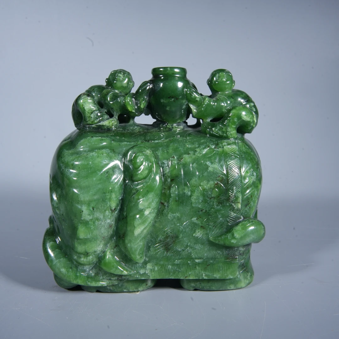 Tgz26 清代和田玉（碧玉）童子洗象摆件