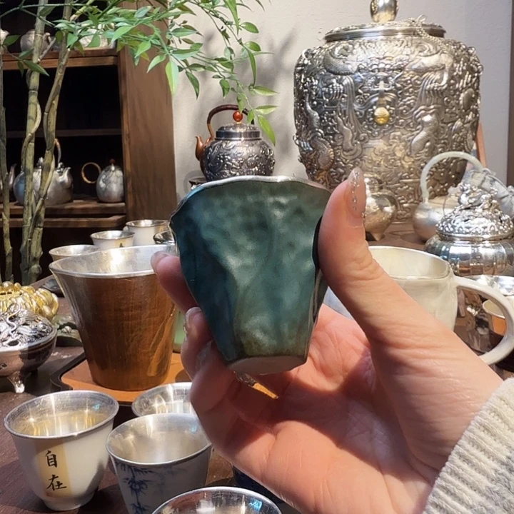 雾山包银杯茶包银粗陶茶杯
