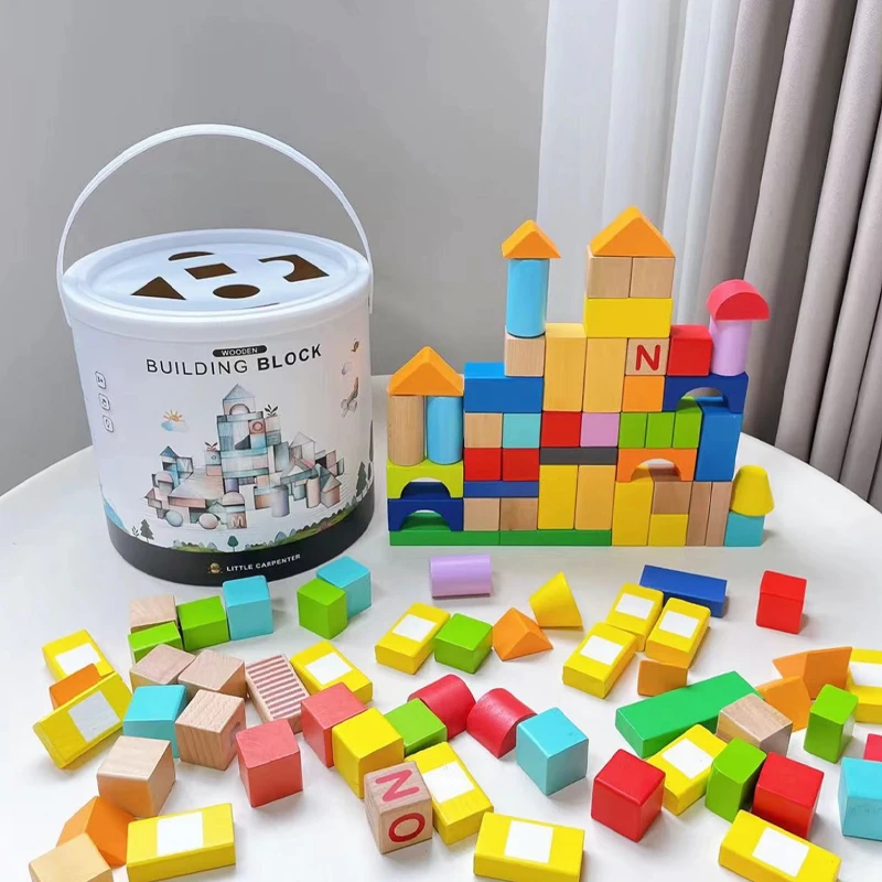 实木积木桶装100颗粒小孩子DIY动脑益智玩具搭建拼