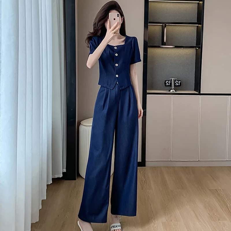 时尚复古洋气套装女2025年夏季新款小个子短袖上衣阔腿裤两件套潮