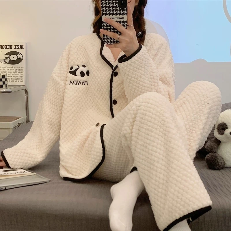 1051绒款白色小熊长袖长裤家居服套装