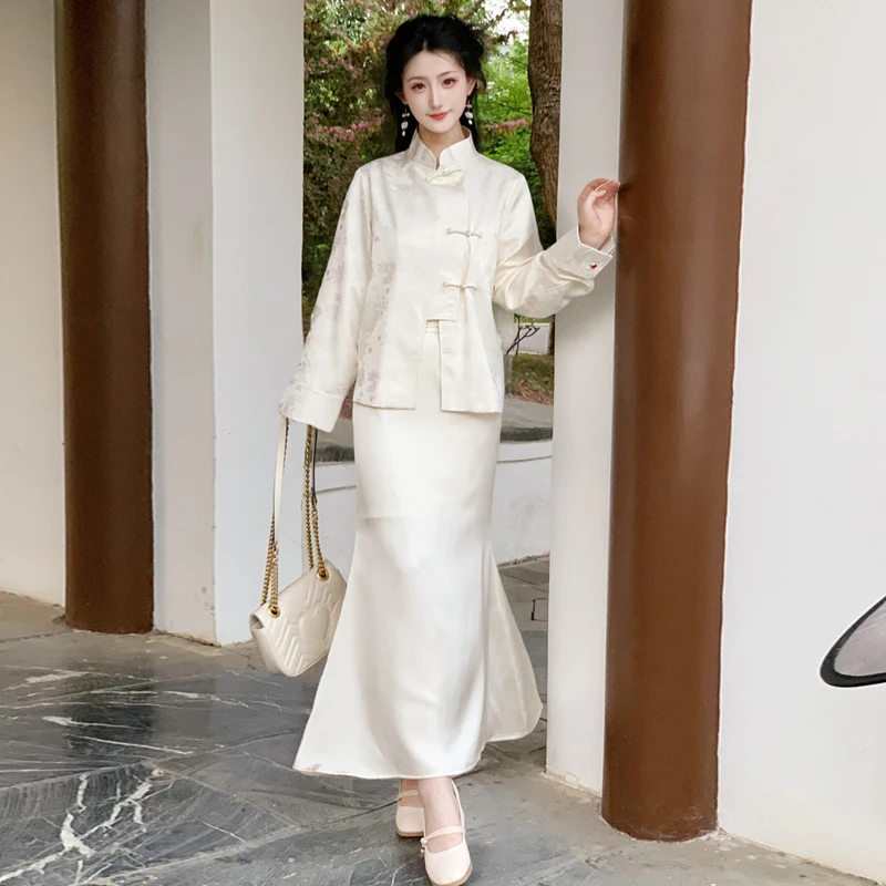 气质女装鱼尾裙唐装网红禅意中国风时尚白色秋季新中式单裙