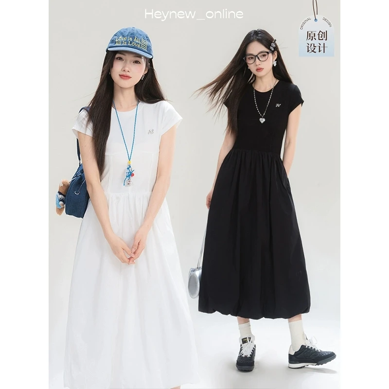 【南韩少女】圆领短袖夏季小个子韩系慵懒宽松收腰花苞连衣裙5C1286