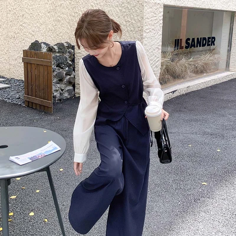 【两件套】假两件拼接衬衫女秋季2025年新款高腰阔腿裤套装D3551