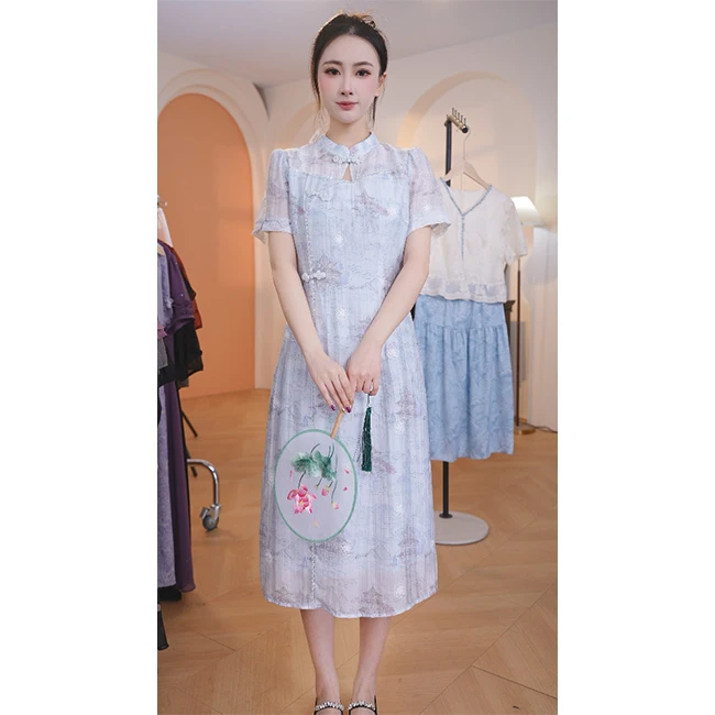 L8665 2025年春夏新款时尚气质中式印花收腰显瘦中长款连衣裙
