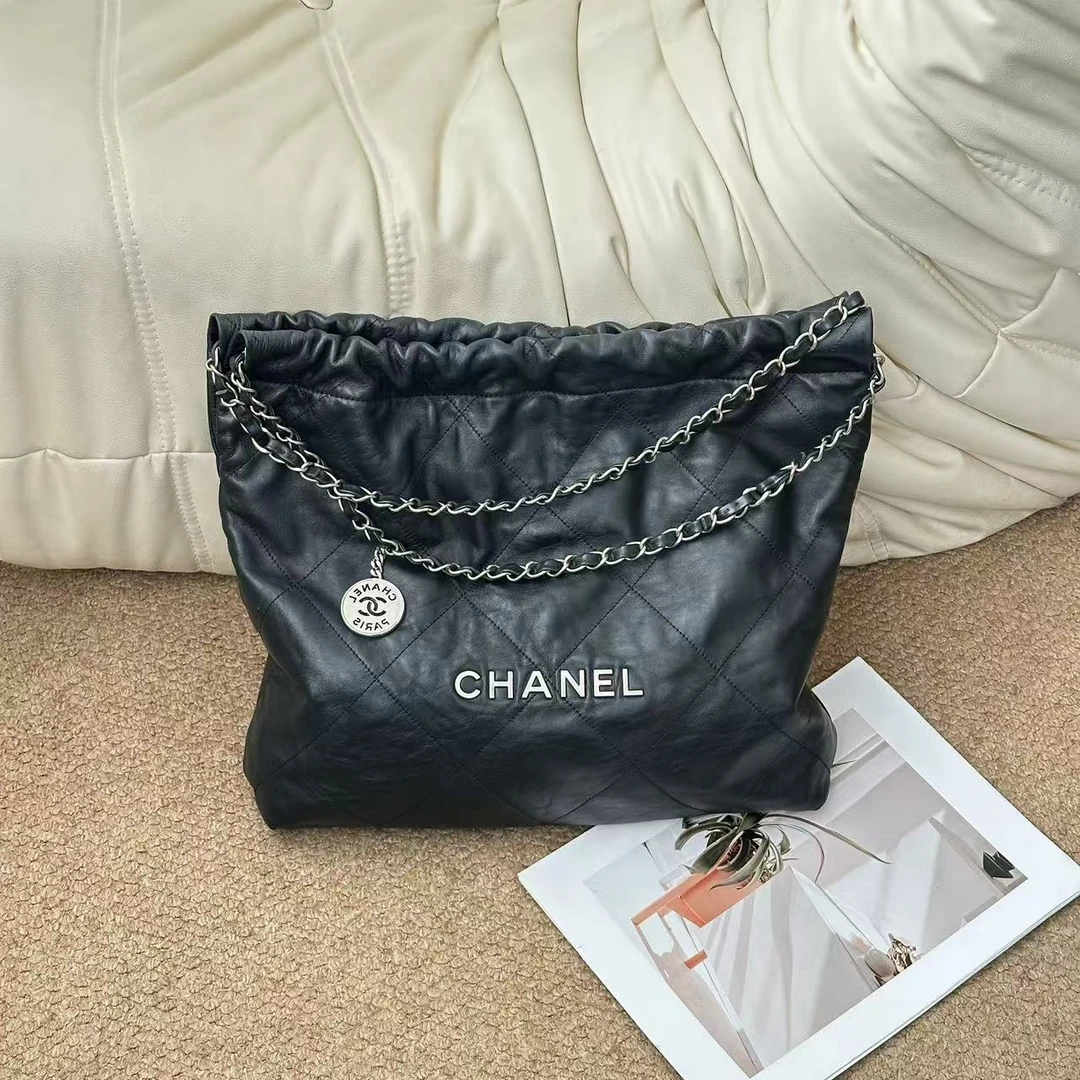 95新 Chanel/香奈儿 Chanel黑银牛皮22bag中号/611465612