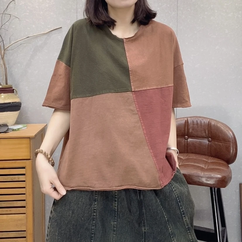 【云吖】夏季复古宽松休闲炒色拼接撞色短袖棉T