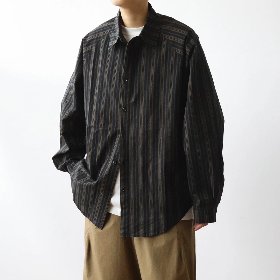 秋季日系复古条纹长袖衬衫男女款松弛感廓形蝙蝠侠尖领休闲衬衣