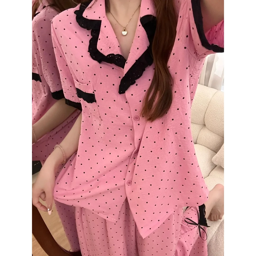 【粉色波点】网红蕾丝开叉棉纱短袖睡衣女夏季新款套装可外穿家居服