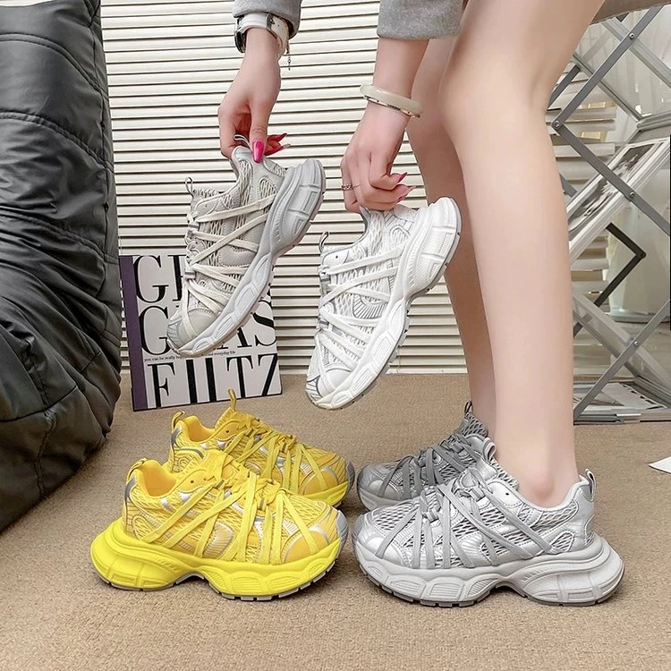 【卡皮巴拉】单网面花式绑带老爹鞋女2025夏新款厚底透气轻便运动鞋