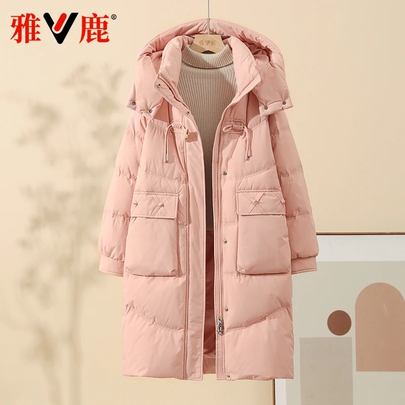 雅鹿2025冬季羽绒服女过膝牛角扣高级感防风耐穿防风保暖时尚外套