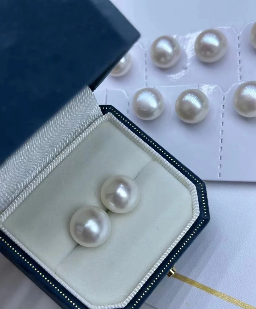 银S925镶嵌气质白色时尚百搭淡水珍珠馒头耳钉12-13mm大点位天然