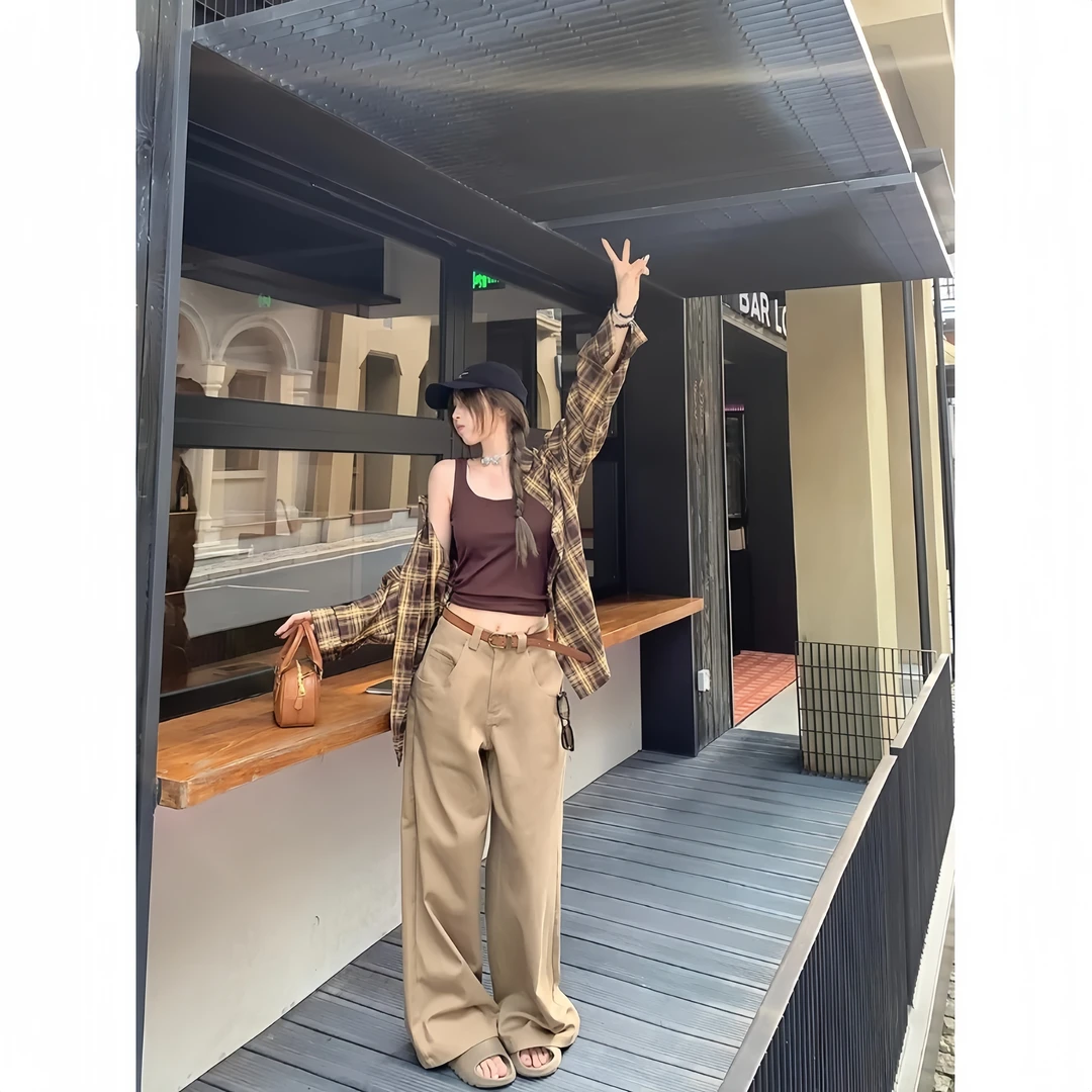 女士牛仔裤薄款2025炸街潮款裤子女款纯色拿铁棕阔腿夏季网红裤子