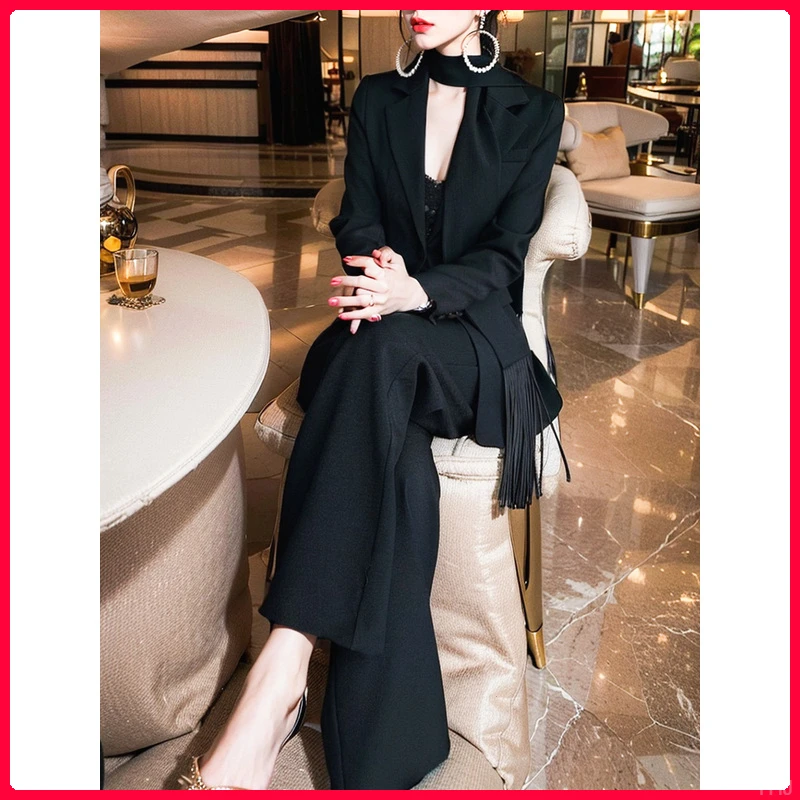 2025春新款轻奢高级感女人味设计感黑色西装外套阔腿裤两件套装