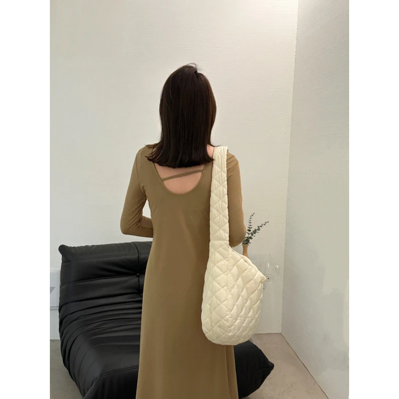 YUXI/祤熙新款韩版纯色简约休闲设计感露背 中长连衣裙女长