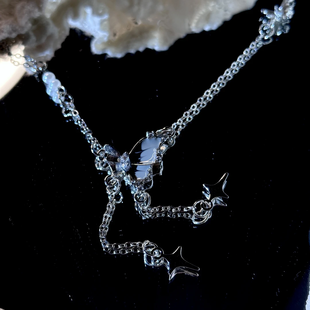 合金合成锆石项链 碎石蝴蝶流苏超仙项链女轻奢气质简约仙气高级